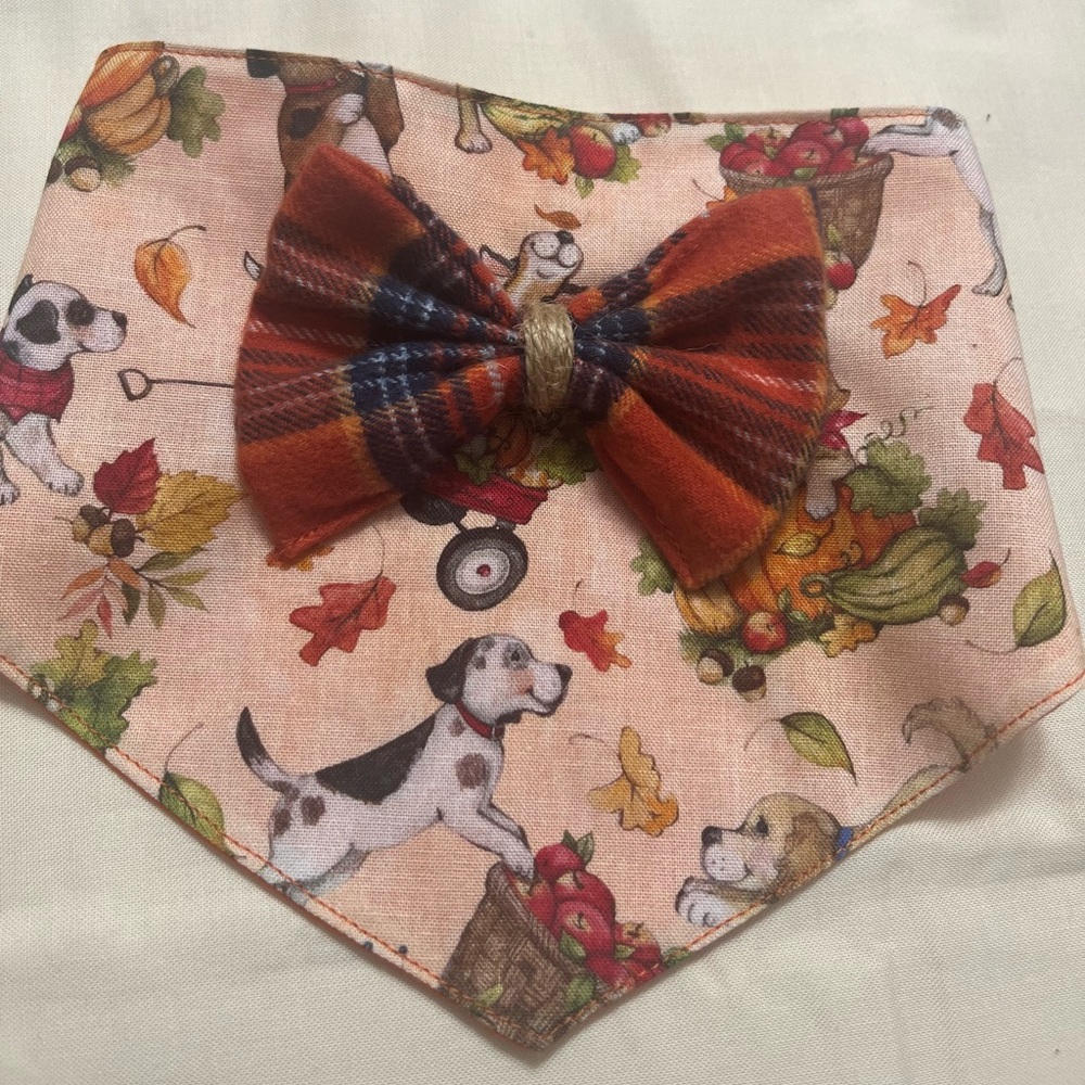 Charming Autumn Dog Bandana with Plaid Bow Tie Handmade